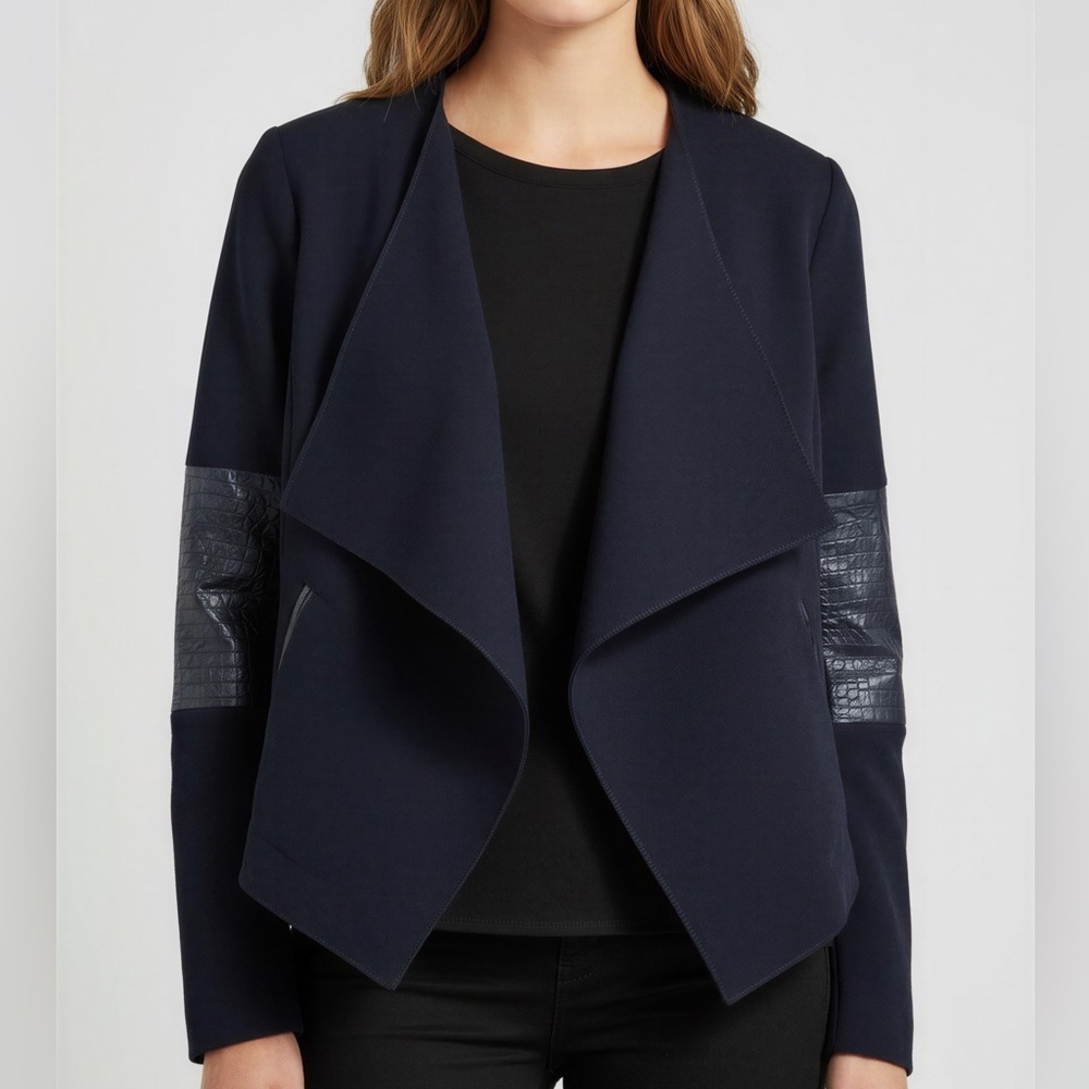 Gianni Bini Natalia Navy Blue Moto Drape Front Jacket Blaze NWT Small Flawed